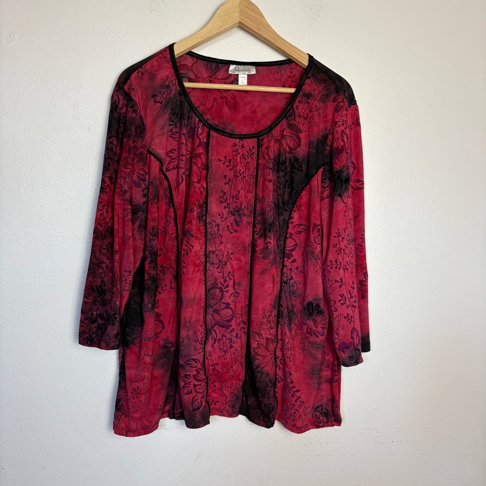 Dressbarn Burnout Velvet Blouse 2x Top Red‎ Black Goth Whimsigoth Fairy Y2K 90s